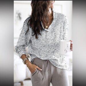 Gray Slouchy Heather Rib Knit Long Sleeve Henley Top